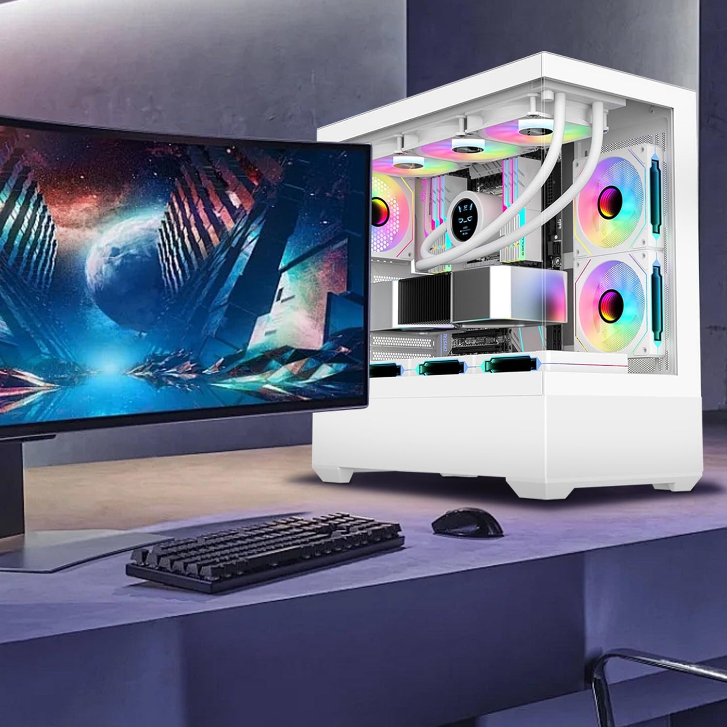 RGB Fans:5pack 120mm PWM ARGB Case Fan with Fan Hub and Remote,Speed Control,PWM Control Fan for Computer Case and Liquid Cooling System,White