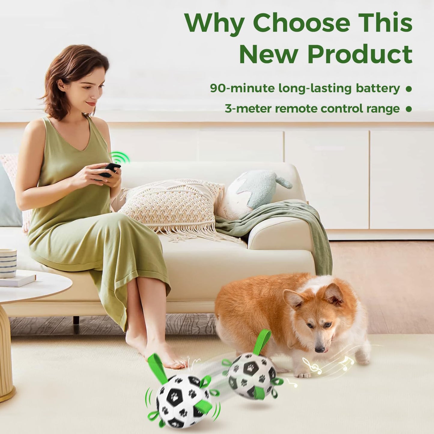 QDAN Interactive Dog Toys, Jumping Squeaky Dog Toys to Keep Them Busy, Music Recording Dog Ball, Moving Dog Soccer Ball with Straps, Remote Control, USB Rechargeable, Puppy Toy