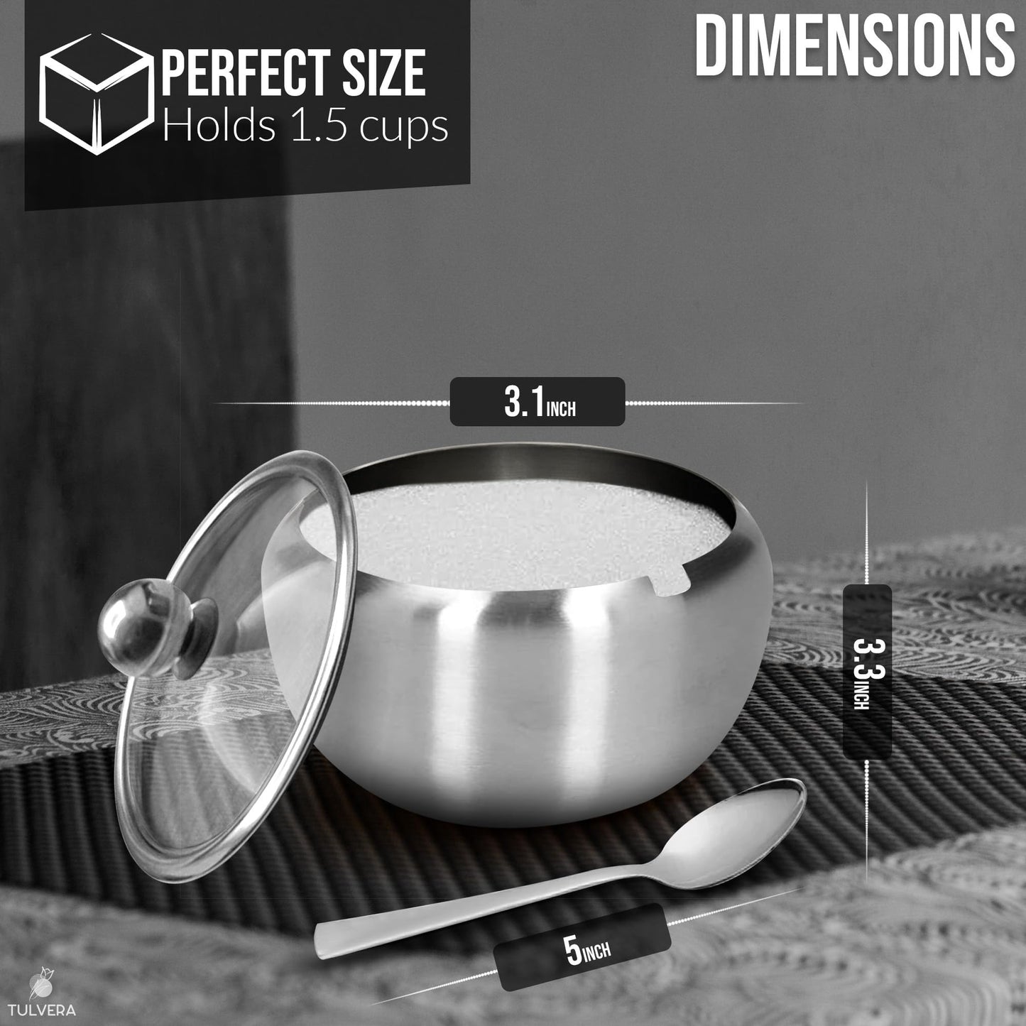 Zuckerdose mit Deckel und Löffel | 350-ml-Zuckerbehälter für die Kaffeebar | Edelstahlbehälter für Salz, Tee, Bonbons, Würfelzucker, braunen Zucker, Ghee | Aufbewahrungszubehör für die Küchenarbeitsplatte | 350 ml