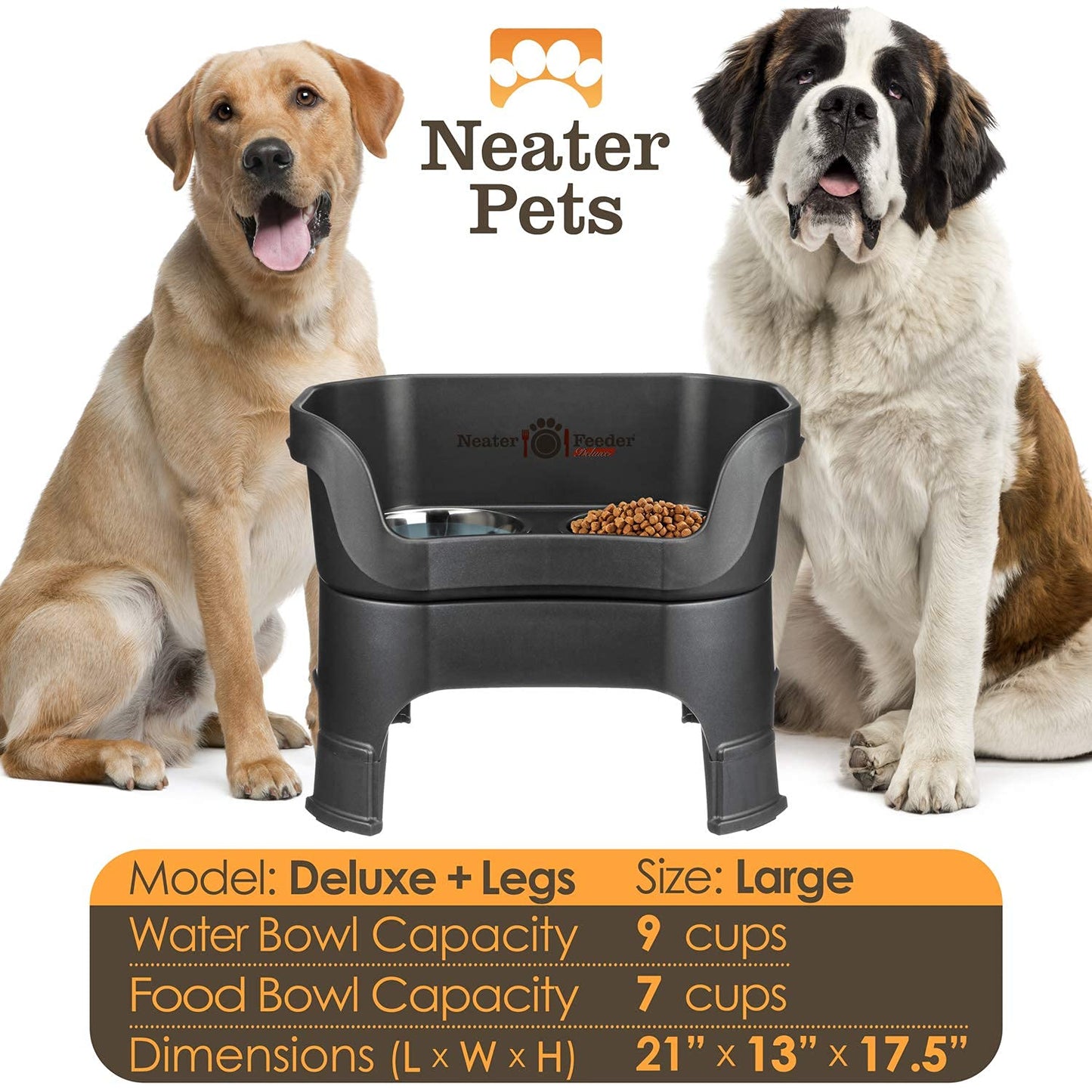 Neater Feeder Deluxe Mess Proof Dog Bowls Elevated for Large Dogs - Made in USA - No Spill Raised Dog Food Bowl Stand w/Leg Extensions - Stainless Steel Dog Food and Water Bowl Set - Black