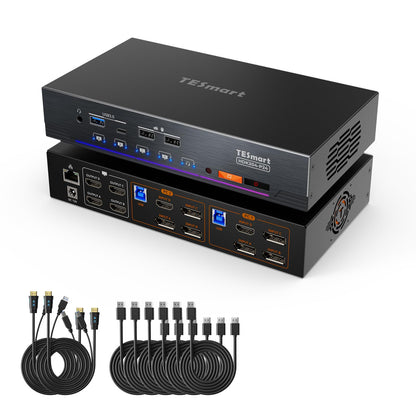 TESmart 4K@60Hz KVM Switch 4 Monitors 2 Computers USB 3.0, Quad Monitor KVM Docking Station, DP+HDMI KVM Switch with EDID Emulators, Gigabit Network, Hotkey Switch, Audio & Mic with All Input Cables