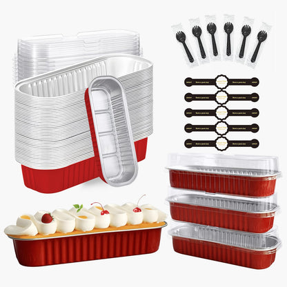 OBXMLFY Mini Cake Pans With Lids And Spoons 50 Pack,6.8 oz Rectangle Mini Loaf Pans Disposable Aluminum Foil Baking Cups Muffin Tins - Pink (50, red)