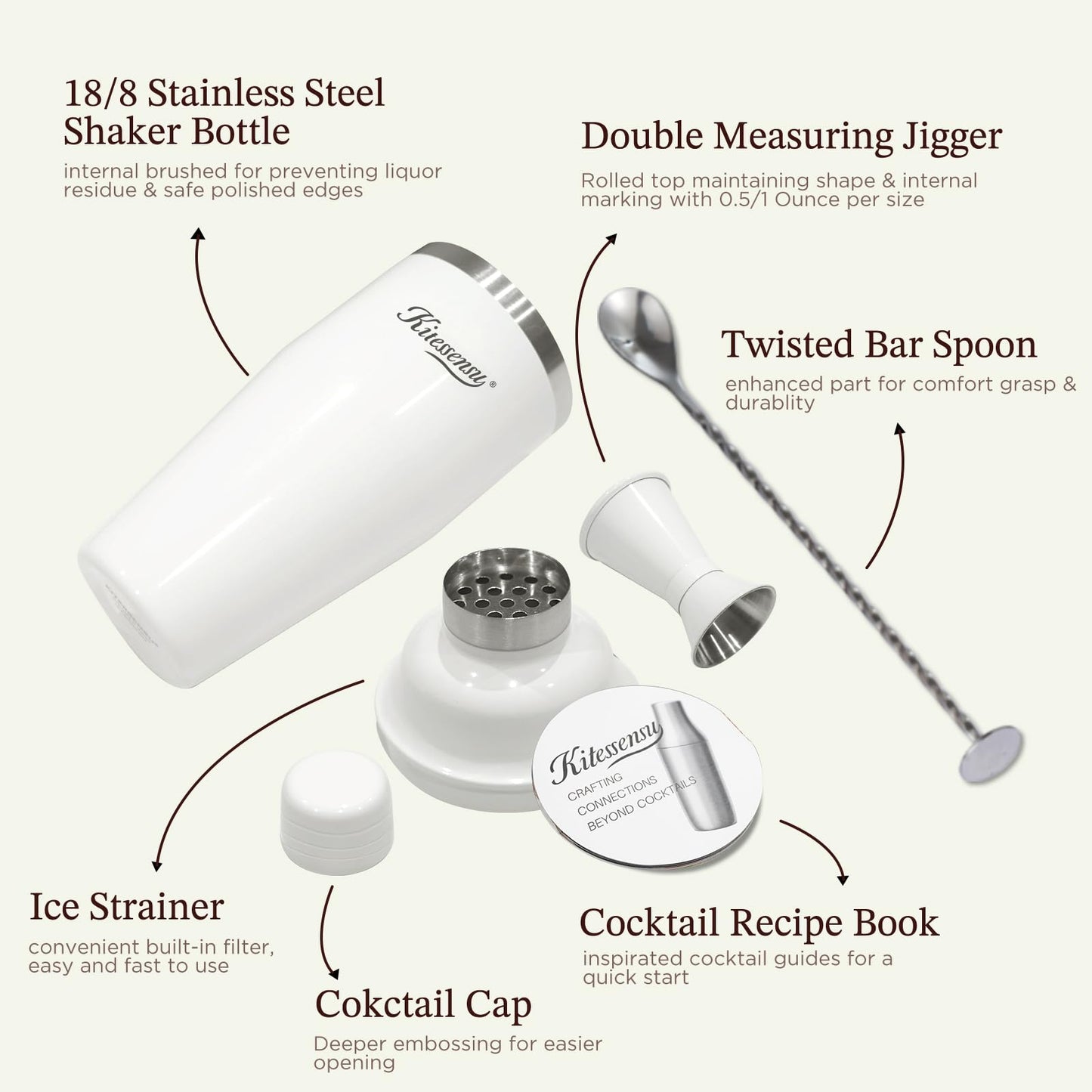 Cocktail Shaker, KITESSENSU 24oz Drink Shaker with Bartender Strainer, Measuring Jigger, Bar Mixing Spoon, Cocktail Recipe Guide, Professional Drink Mixer Set for Beginners, Silver