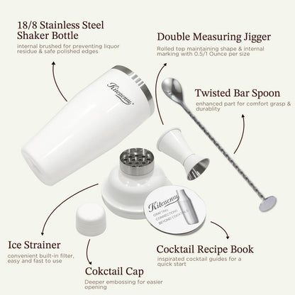 Cocktail Shaker, KITESSENSU 24oz Drink Shaker with Bartender Strainer, Measuring Jigger, Bar Mixing Spoon, Cocktail Recipe Guide, Professional Drink Mixer Set for Beginners, Silver