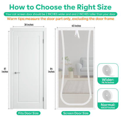 Reinforced Cat Screen Door, 35.5X82” Heavy Duty Pets Proof Screen Door with Bilateral Zipper, Prevent Dogs Cats Running Out from Home, Bedroom, Living Room, Kitchen Patio Doo