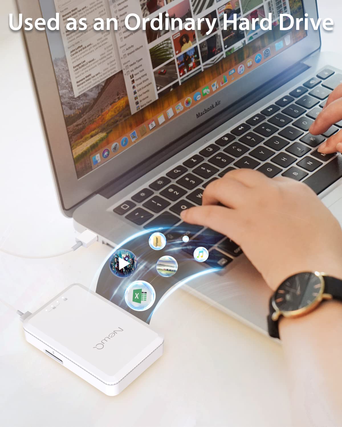 NEWQ 1TB External Hard Drive for iPhone, iPad, MacBook - USB 3.0, 2.0, 2.0 3.0 - Compatible with iOS & Android, Store Photos, Videos, Music, Documents