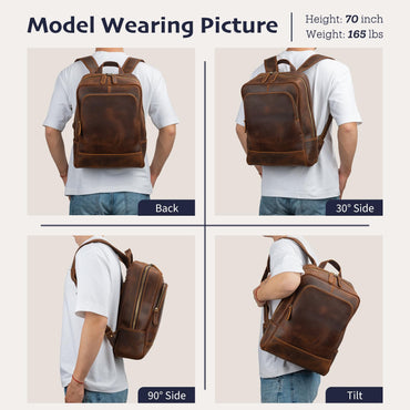 Miracttld Leather Backpack for Men 15.6" Laptop Backpack 100% Madagascar top-Grain Leather Backpack Brown Medium Size