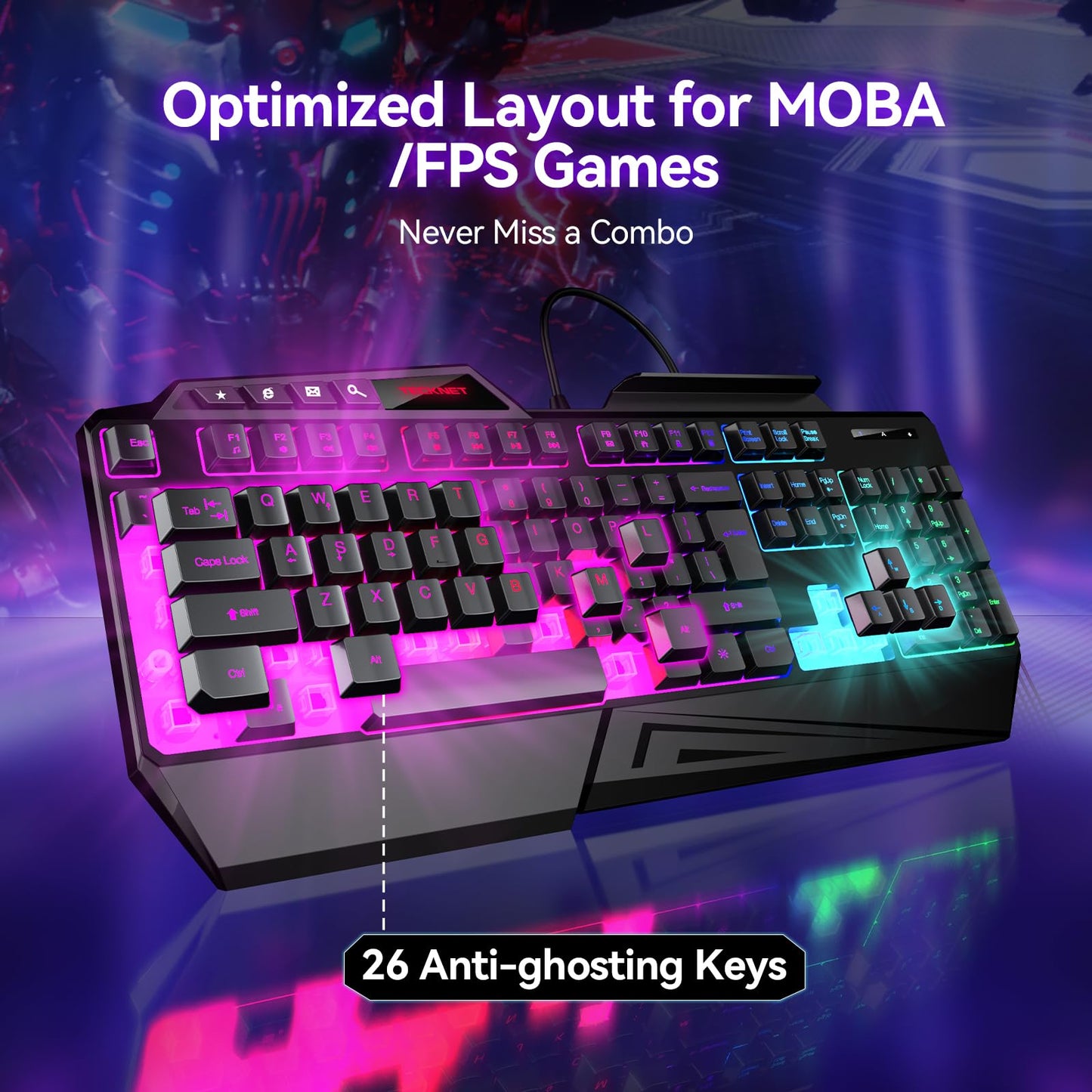 TECKNET Kabelgebundene RGB-Gaming-Tastatur – 26-Tasten-Anti-Ghosting, 13 Beleuchtungsmodi, spritzwassergeschützt, 108 Membrantasten, Plug &amp; Play – mit ergonomischer Handballenauflage und Telefonhalterung für Windows/Mac (Schwarz)