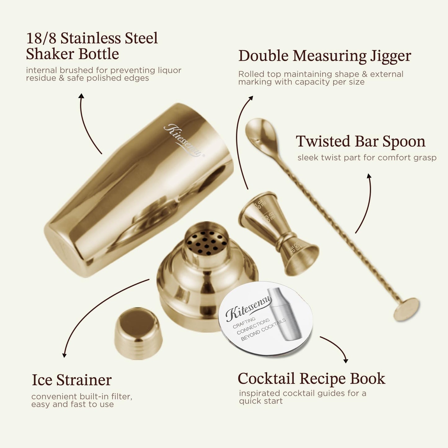 Cocktail Shaker, KITESSENSU 24oz Drink Shaker with Bartender Strainer, Measuring Jigger, Bar Mixing Spoon, Cocktail Recipe Guide, Professional Drink Mixer Set for Beginners, Silver