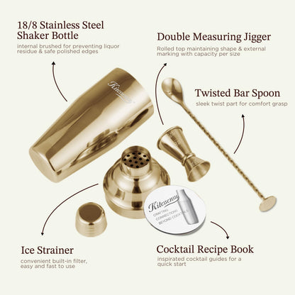 Cocktail Shaker, KITESSENSU 24oz Drink Shaker with Bartender Strainer, Measuring Jigger, Bar Mixing Spoon, Cocktail Recipe Guide, Professional Drink Mixer Set for Beginners, Silver