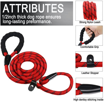 Hundeleine, 1,8 m lange, robuste Hundeleine, strapazierfähige Premium-Qualität, starke Seil-Schlupfleine mit komfortablem, gepolstertem Griff und hochreflektierenden Fäden für kleine, mittlere und große Hunde, (Schwarz) 