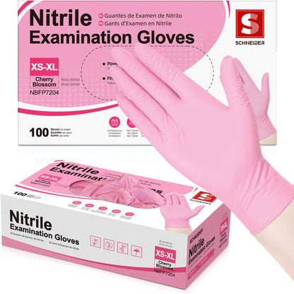 Schneider Nitrile Exam Gloves, 4-mil Medical Gloves Disposable Latex Free, Powder Free, Food Safe Glove for Cooking, Cleaning, Examination, Cherry Blossom, Medium, 100-ct Box