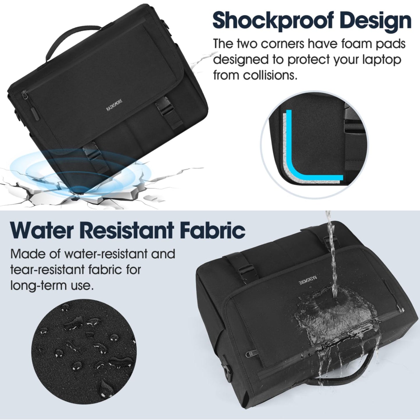 RAINSMORE Messenger Bag for Men Messenger Bag 15.6 Inch Water Resistant Laptop Bag Casual Satchel Bags for Men Large College Computer Bag Office Work Briefcase Fashion Crossbody Shoulder Handbag Black