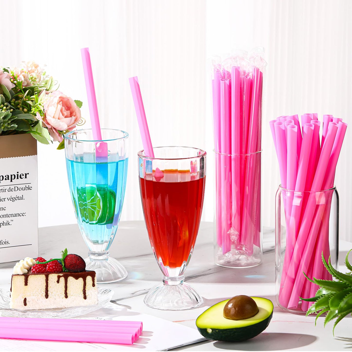 Potchen 600 Pcs Jumbo Smoothie Straw Bulk Pink Disposable Bubble Straws Individually Wrapped Plastic Wide Mouth 0.43 Wide x 9.45 Long for Bubble Tea Milkshake Drinking