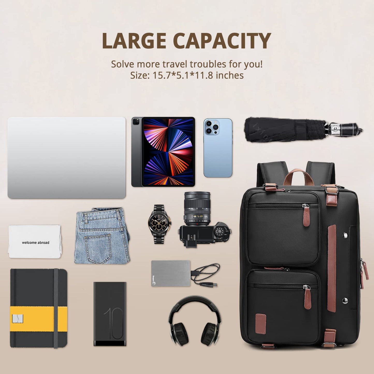 MOLNIA 3-in-1-Laptoptasche für Herren, 17,3-Zoll-Arbeitstasche für Herren, Laptop-Rucksack, Aktentasche, Umhängetasche, Computertasche für Laptops für Damen und Herren, Schwarz 