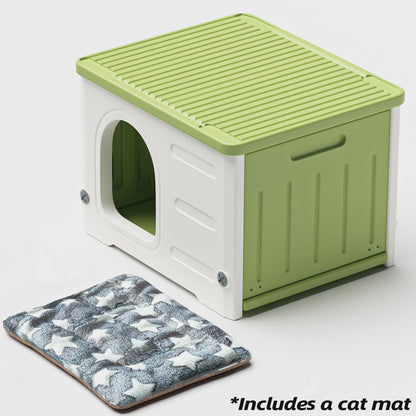 Plastic Cat House for Outdoor Indoor Use, Stackable Feral Cat Shelter Indoor Cat House Weatherproof Waterproof Elevated (Green)