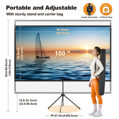 Outdoor Projector Screen 100 Inch, 16:9, High Gain, Projector Screen with Stand, Wind-resistant Design for Portable Projection Screen Outdoor, With Ropes and Spikes, 4K Image for Home Theater, Camping