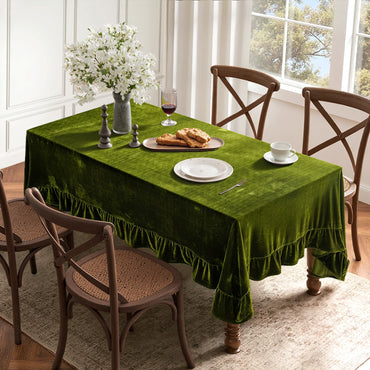 MIULEE Velvet Table Cloth with Decorative Ruffle Edge Luxurious Soft Washable Rectangular Tablecloth Thick Wrinkle-Resistant Oblong Table Cover for Kitchen Dining Party Wedding 60x120 Inch Olive Green