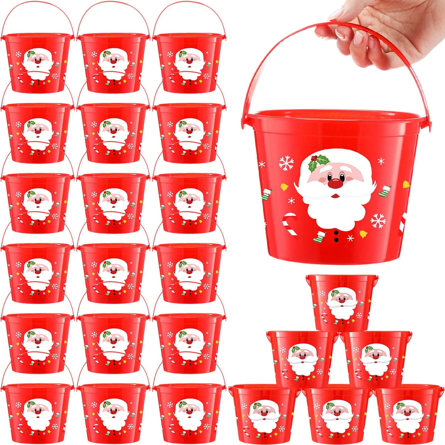 Sliner 24 Pcs Plastic Christmas Buckets Bulk with Handles 5.71 x 4.53 x 4.53 Inch Santa Plastic Buckets Christmas Pails for Gifts Home Candy Toy Baskets for Christmas Holiday Party Favors Supplies