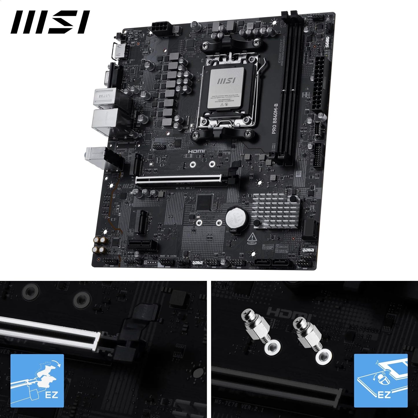 MSI PRO B840M-B Motherboard, mATX - Supports AMD Ryzen 9000/8000 / 7000 Processors, AM5 - DDR5 Memory Boost (8000+ MT/s OC), PCIe 4.0 x16, M.2 Gen4, 2.5G LAN
