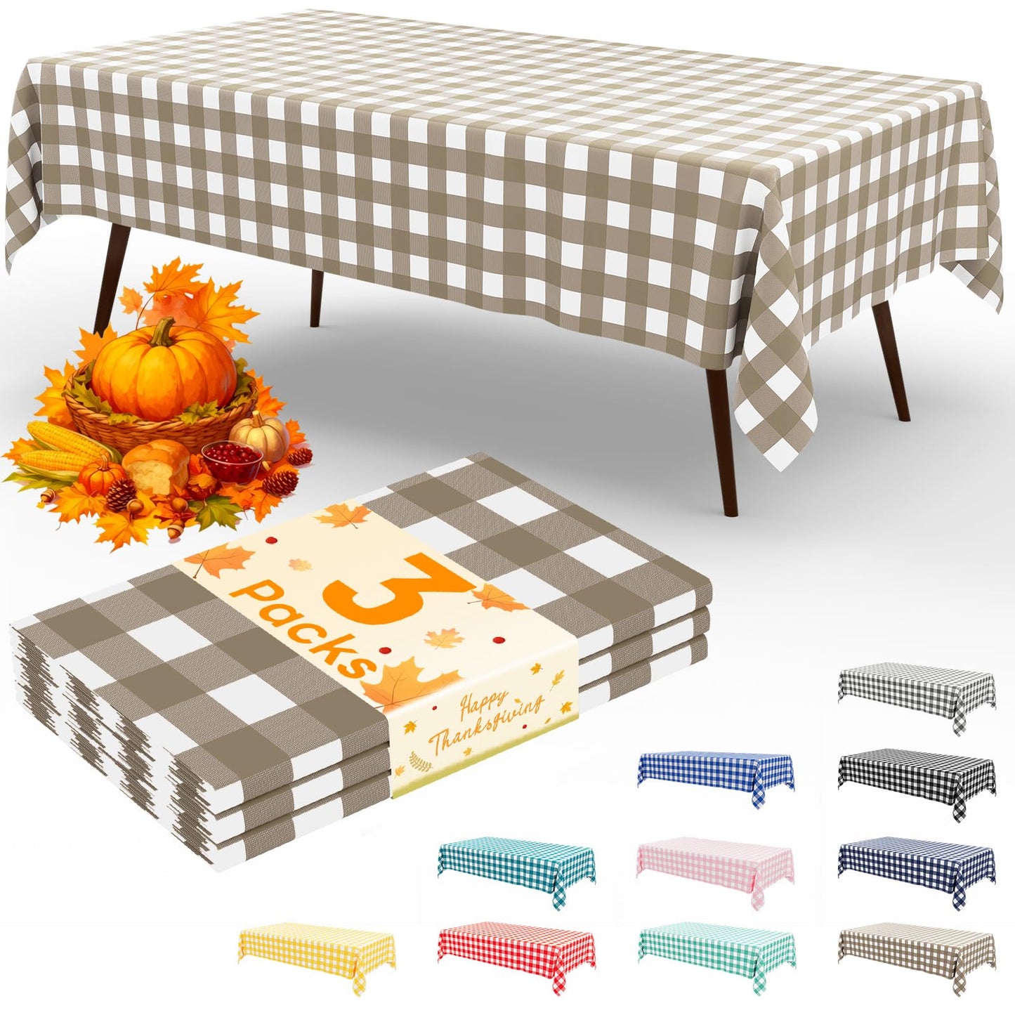 misaya 3 Packs Buffalo Disposable Table Cloth, 54 x 108 Inch Waterproof Plastic Tablecloth, Rectangle White and Khaki Checkered Table Covers for Picnic, Birthday, Party