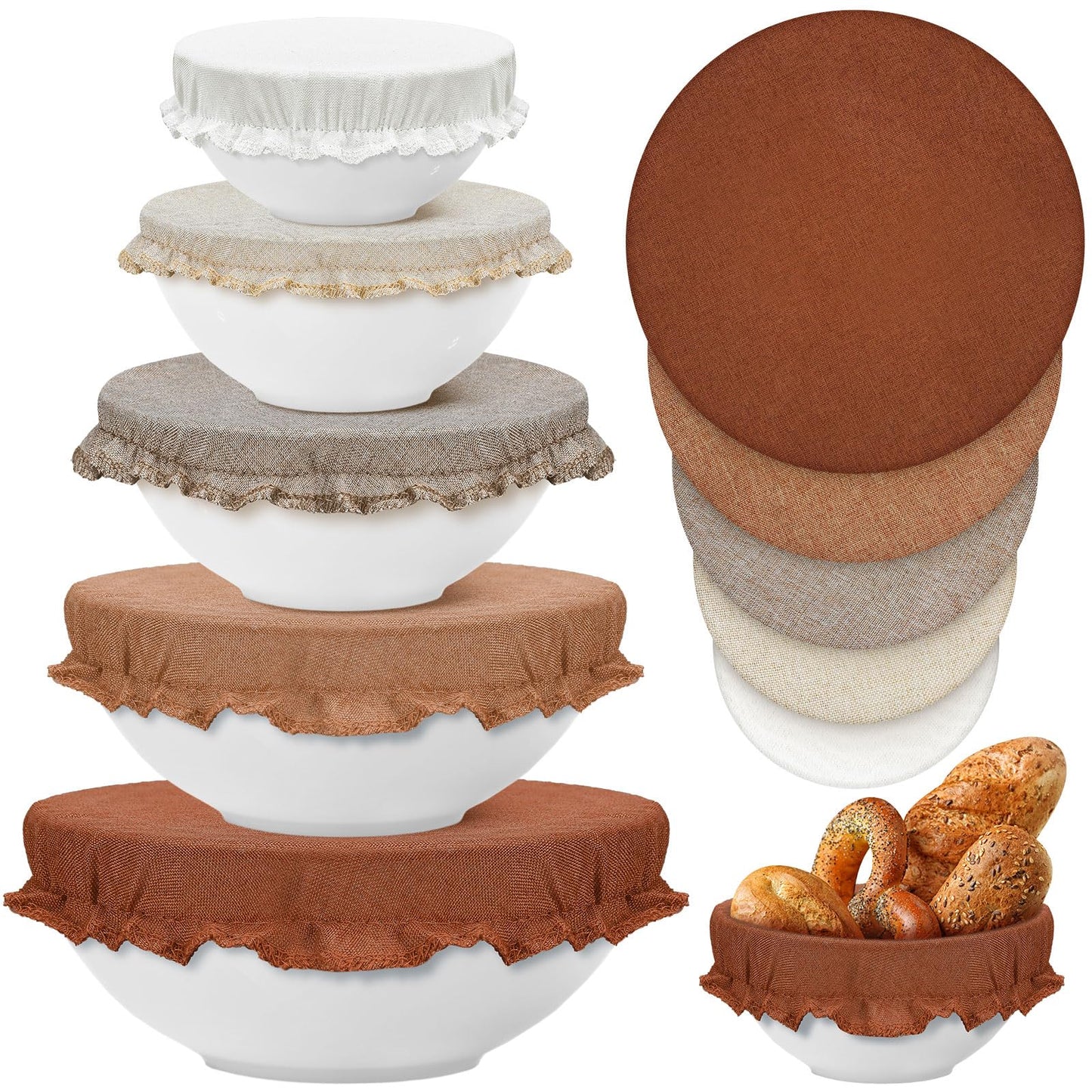 Patelai 10 Pcs Bowl Covers Reusable in 5 Size Stretch Cloth Fabric Elastic Food Storage Bowl Covers Bread Sourdough Lids for Proofing Food Fruits Leftover(Earth Tone Style)