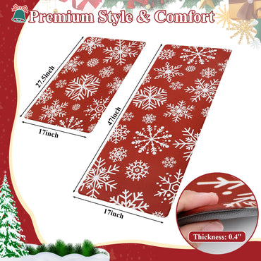 SHACOS Christmas Kitchen Rugs Set of 2 Anti-Fatigue Kitchen Mats Cushioned Red Christmas Kitchen Rugs White Snow Farmhouse Kitchen Mats and Rugs for Xmas 17x27.5+17x47, Snowflakes