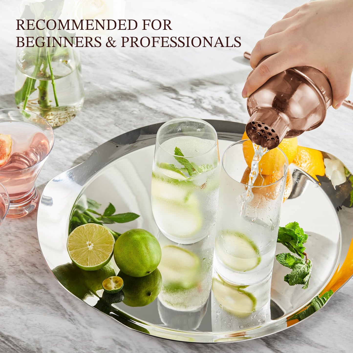 Cocktail Shaker, KITESSENSU 24oz Drink Shaker with Bartender Strainer, Measuring Jigger, Bar Mixing Spoon, Cocktail Recipe Guide, Professional Drink Mixer Set for Beginners, Silver