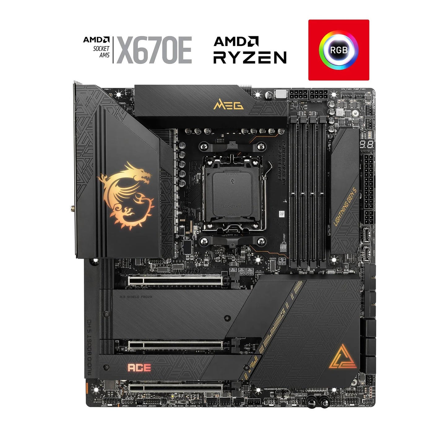 MSI MEG X670E ACE Gaming-Motherboard (AMD Ryzen 9000/8000/7000 Prozessoren, AM5, DDR5, PCIe 5.0, SATA 6Gb/s, M.2, USB 3.2 Gen 2, Wi-Fi 6E, Bluetooth 5.3, HDMI/DP, EATX)
