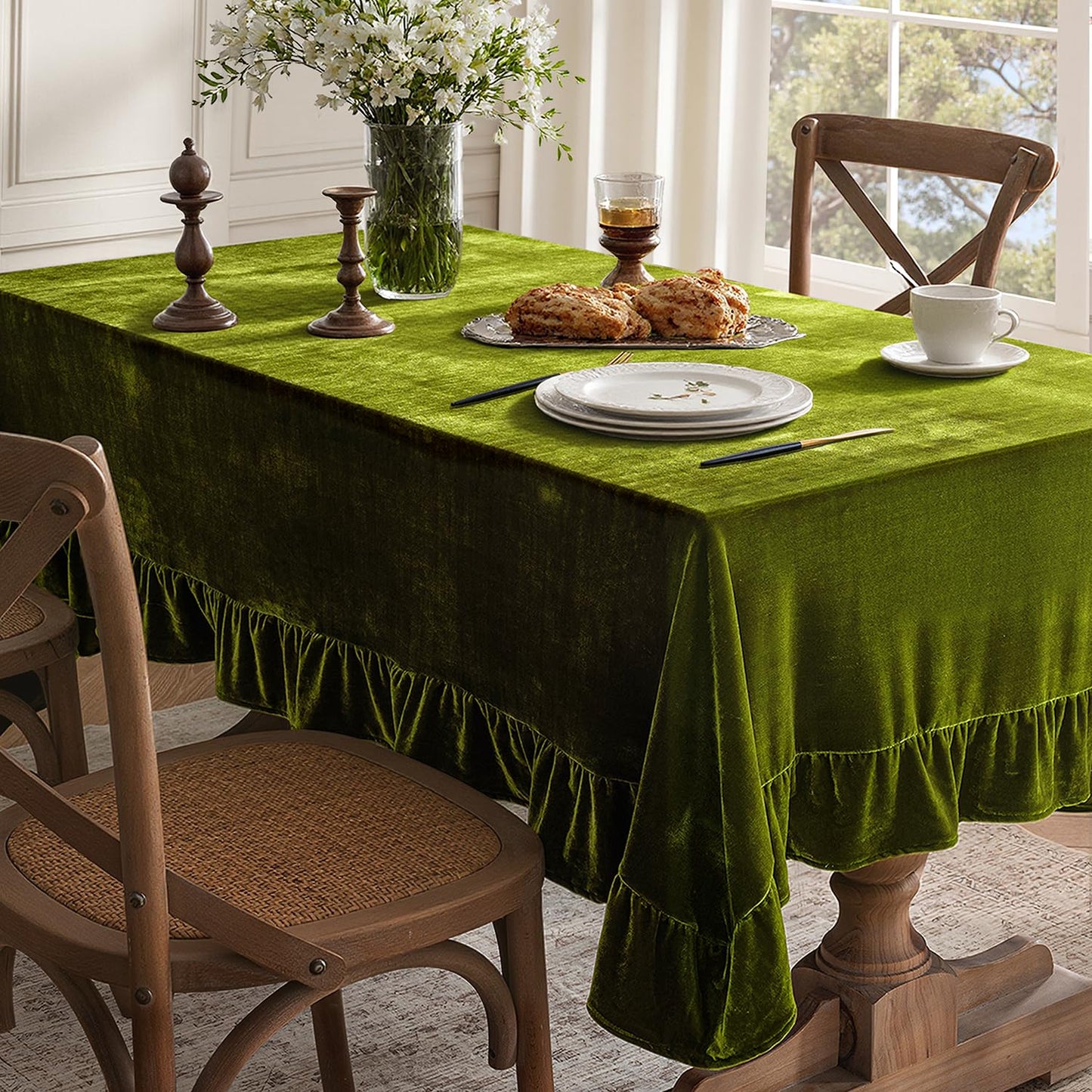 MIULEE Velvet Table Cloth with Decorative Ruffle Edge Luxurious Soft Washable Rectangular Tablecloth Thick Wrinkle-Resistant Oblong Table Cover for Kitchen Dining Party Wedding 60x120 Inch Olive Green