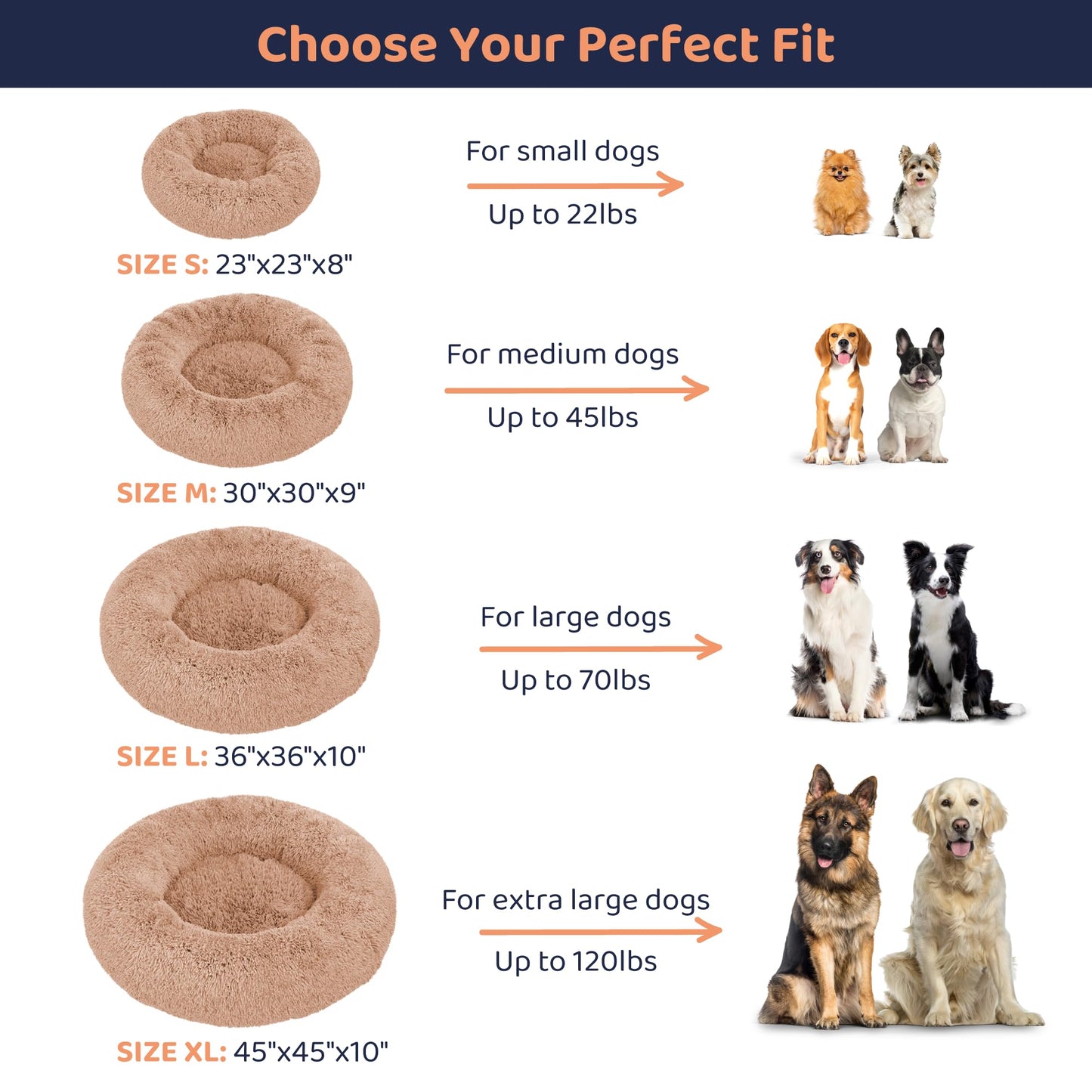 Petloox Donut Dog Bed - Premium Comfort for Anxiety Relief - Fluffy & Calming Design with Ultra-Plush Support | Cozy Round Dog Bed with Super Soft Circle Style (Size M Camel)