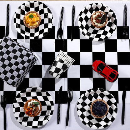 Preboun 6 Pcs Plastic Checkered Table Runner 14 x 108 Inch Racetrack Road Table Runner for Two Fast Car Theme Birthday Racing Party Decor Events Supplies (Black White Checkered)