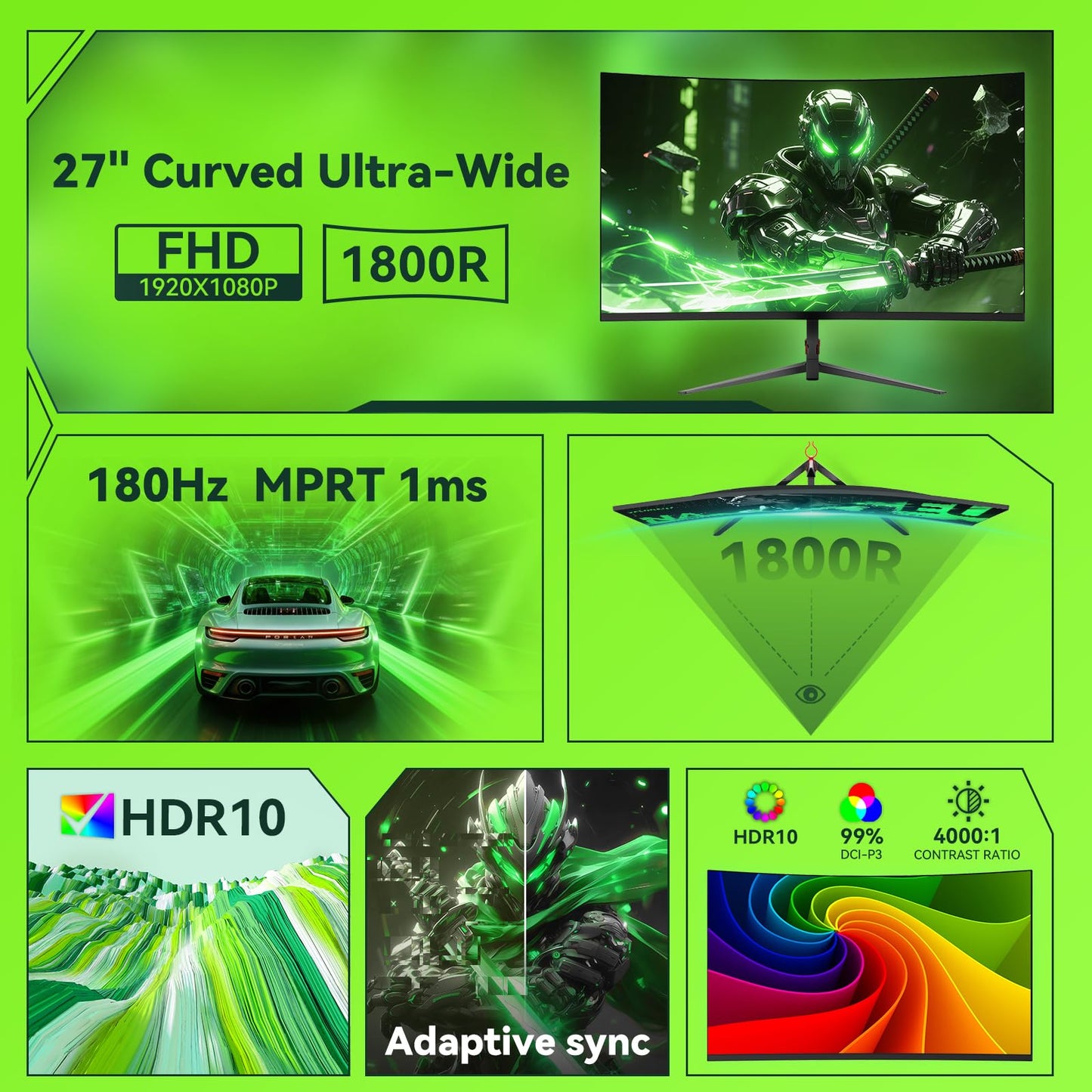 Raywego 27 inch Curved Gaming Monitor 180Hz Full HD 1080P 1800R Computer Monitor Display with FreeSync & Eye-Care, 4000:1 Contrast Ratio,Support VESA, DP, HDMI Port for Gaming Home Office