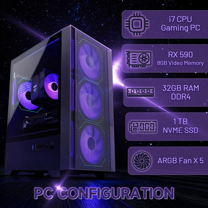 OKAMUS Gaming PC, i7 CPU, RX 590 8GB Graphics, 1TB NVMe SSD, 32GB DDR4 ECC RAM, RGB Fans, 550W PSU (i7+RX 590+1T +32G)