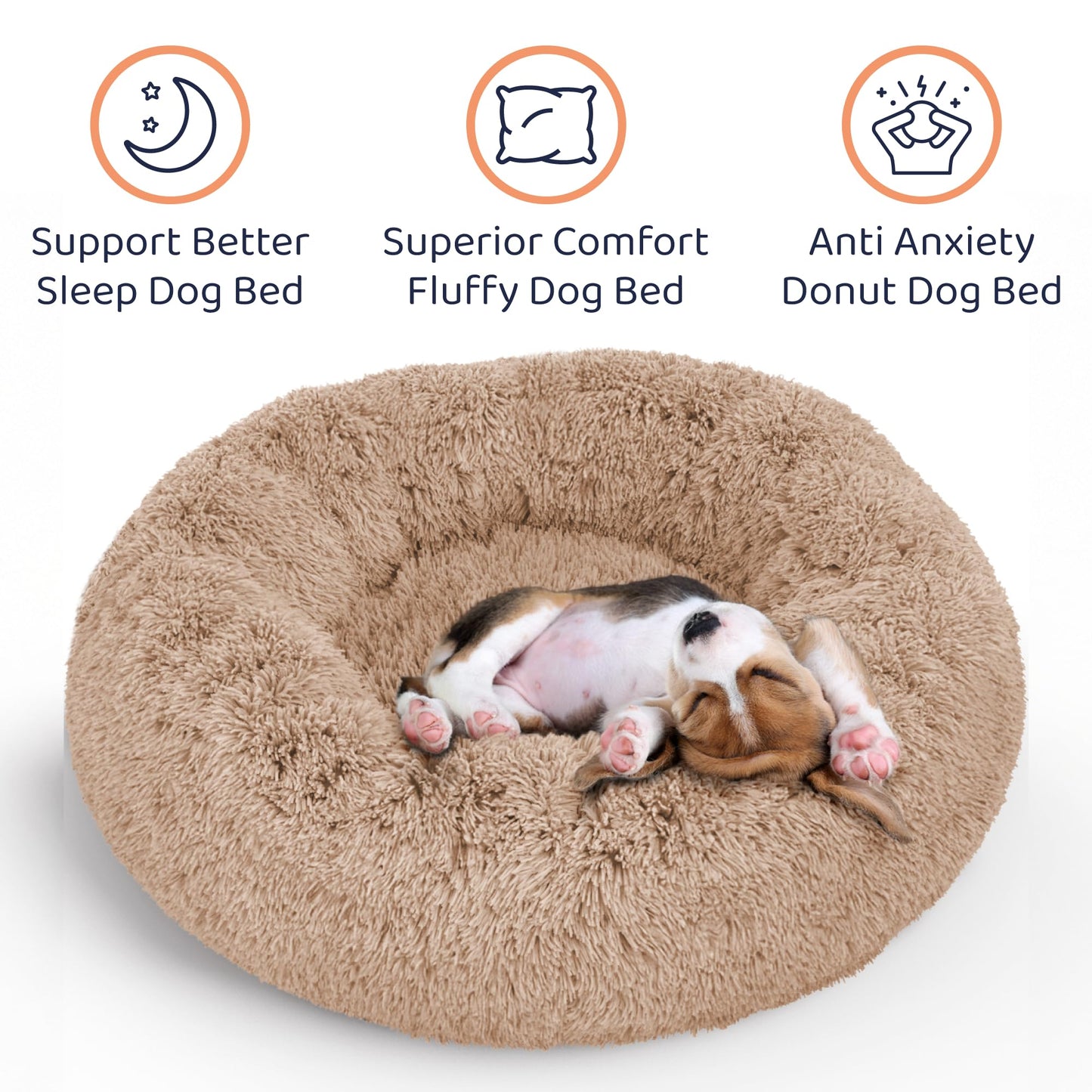 Petloox Donut Dog Bed - Premium Comfort for Anxiety Relief - Fluffy & Calming Design with Ultra-Plush Support | Cozy Round Dog Bed with Super Soft Circle Style (Size M Camel)