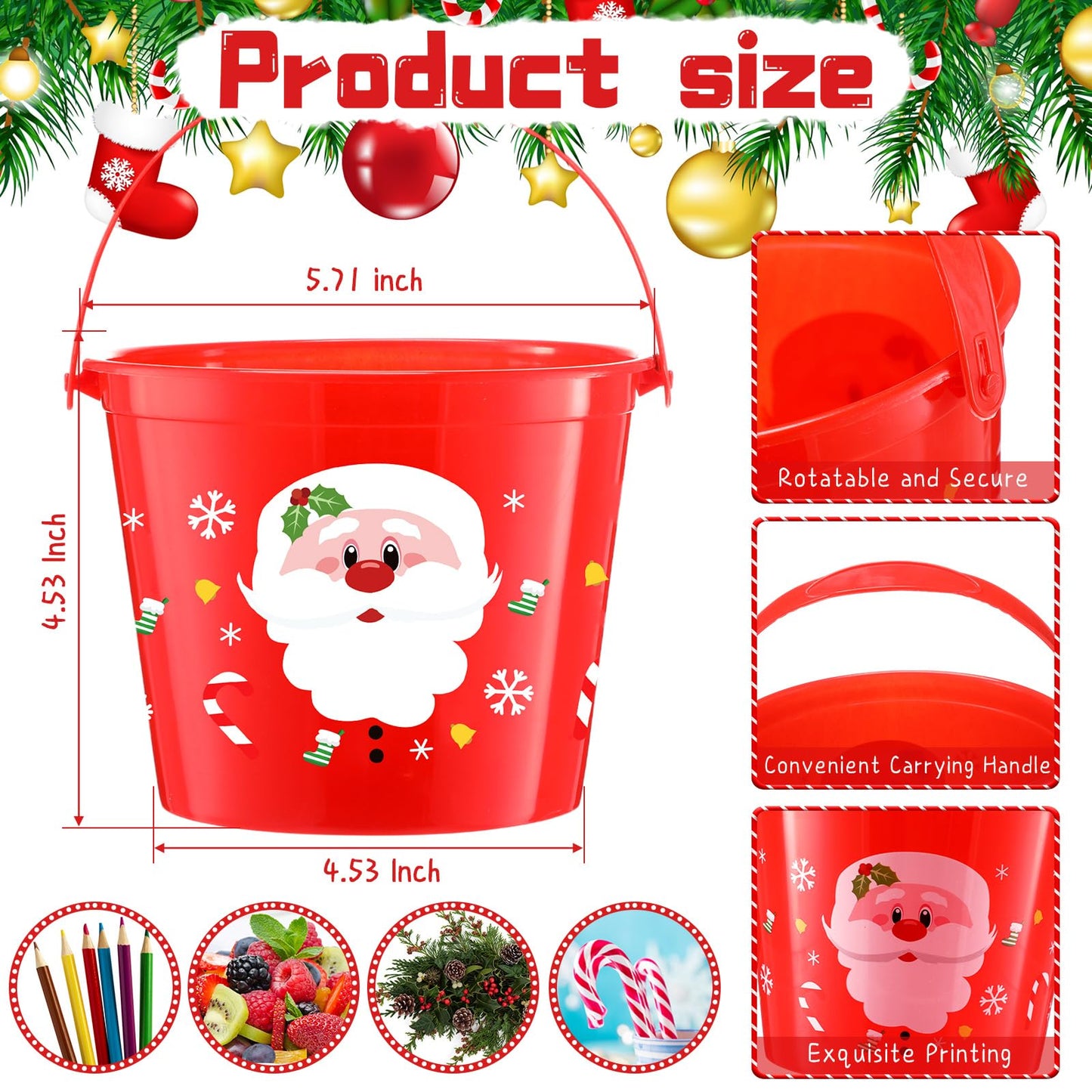 Sliner 24 Pcs Plastic Christmas Buckets Bulk with Handles 5.71 x 4.53 x 4.53 Inch Santa Plastic Buckets Christmas Pails for Gifts Home Candy Toy Baskets for Christmas Holiday Party Favors Supplies