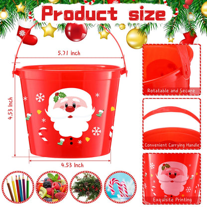 Sliner 24 Pcs Plastic Christmas Buckets Bulk with Handles 5.71 x 4.53 x 4.53 Inch Santa Plastic Buckets Christmas Pails for Gifts Home Candy Toy Baskets for Christmas Holiday Party Favors Supplies