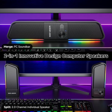 SENZER CS20 2-in-1 Bluetooth-Computerlautsprecher für Desktop-PCs, USB-Plug-&amp;-Play-Lautsprecher mit klarem Klang, RGB-Beleuchtung, Monitor-Soundbar mit Lautstärkeregler, Gaming-Lautsprecher für PC, Laptop, Smartphone und Tablet