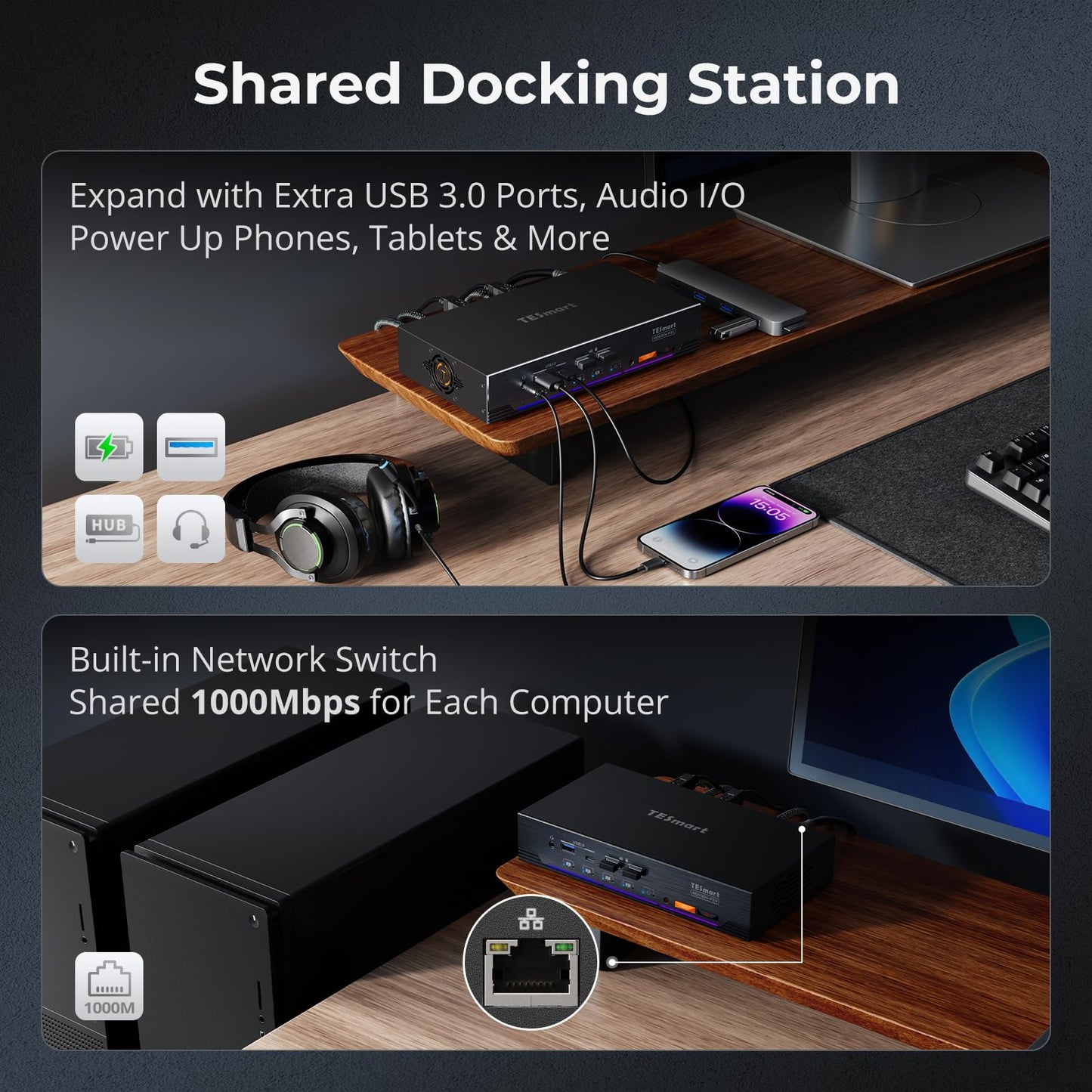TESmart 4K@60Hz KVM Switch 4 Monitors 2 Computers USB 3.0, Quad Monitor KVM Docking Station, DP+HDMI KVM Switch with EDID Emulators, Gigabit Network, Hotkey Switch, Audio & Mic with All Input Cables