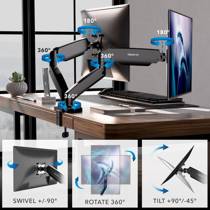 Mount-It! Dual Monitor Desk Mount - Full Motion Gas Spring Arms, Fits 13 to 32 Inch Screens, Holds 17.6 lbs per Arm, Dual Monitor Stand, VESA Mount, C-Clamp & Grommet Base