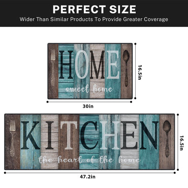Nesphy Turquoise Teal Kitchen Rugs and Mats Non Skid Washable Set of 2, Brown Wooden Vintage Farmhouse Floor Mats, Sweet Heart Home Runner Rug, Rustic Kitchen Decor