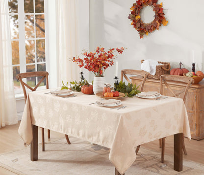 Newbridge Thanksgiving Taupe Tremont Autumn Leaf Damask Rectangle Fabric Tablecloth, 60 x 84 Inch, Fall Swirling Leaves, Soil Resistant, Easy Care Solid Color Table Cover for Holiday Party Dining