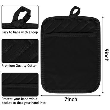 R HORSE 6Pcs Pot Holder with Pocket for Kitchen Black Pot Holders Set Cotton Heat Resistant Potholder Terry Cloth Coaster Hot Pad Oven Mitts Trivet for Baking Cooking 7''x9''