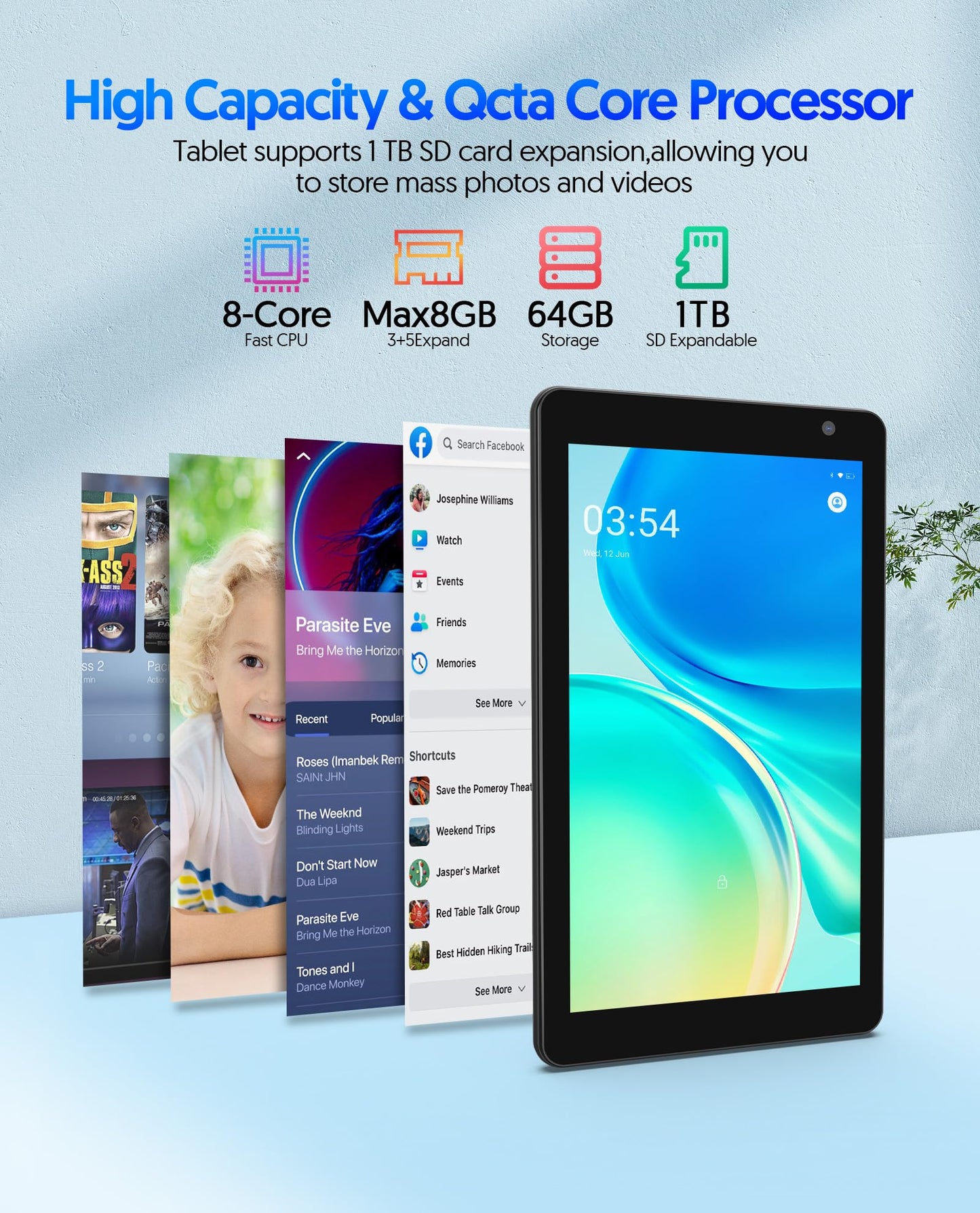 PUTECCH Android-Tablet, 7 Zoll, Android 14, 8 GB RAM, 64 GB ROM (erweiterbar auf 1 TB), Octa-Core-Prozessor, 5G Wi-Fi 6, Dual-Kamera (2 MP + 8 MP), 3500-mAh-Akku, Bluetooth, Schwarz
