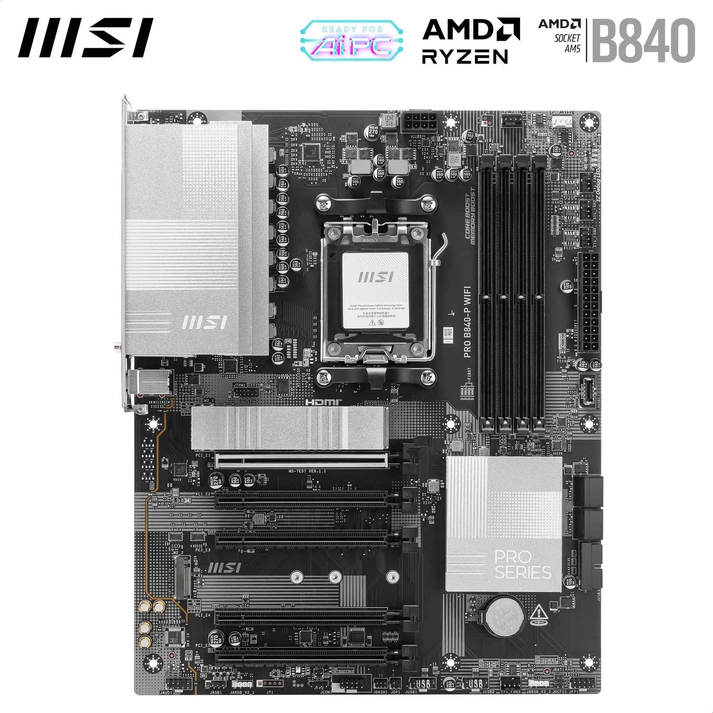 MSI PRO B840-P WiFi-Mainboard, ATX – Unterstützt AMD Ryzen 9000/8000/7000 Prozessoren, AM5 – DDR5-Speicher-Boost (übertaktbar auf über 8000 MT/s), PCIe 4.0 x16, M.2 Gen4, Wi-Fi 7, 2,5G-LAN