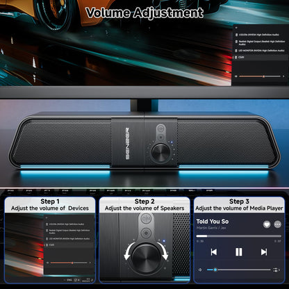 SENZER CS20 2 in 1 Bluetooth Computer Speakers for Desktop, USB Plug & Play Clear Sound PC Speakers with RGB Light, Monitor Sound Bar with Volume Knob, Gaming Speaker for PC Laptop Phone Tablet
