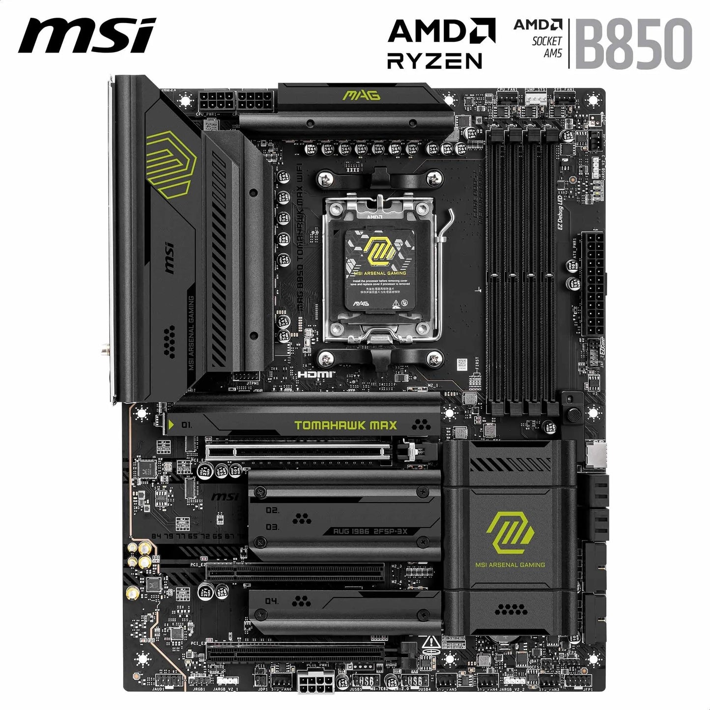 MSI MAG B850 Tomahawk MAX WiFi Mainboard, ATX – Unterstützt AMD Ryzen 9000/8000/7000 Prozessoren, AM5-80A SPS VRM, DDR5-Speicher mit Boost 8400+ MT/s (OC), PCIe 5.0 x16, M.2 Gen5, Wi-Fi 7, 5G LAN