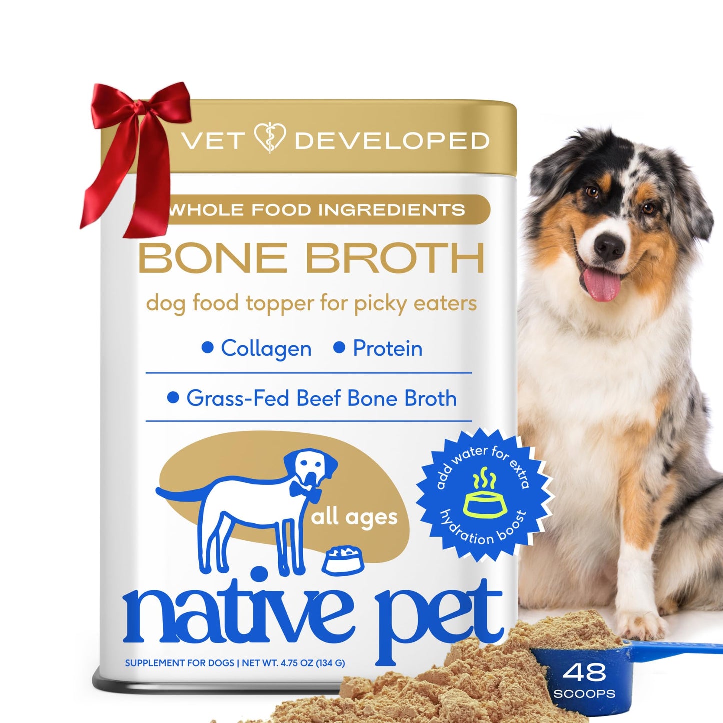 Native Pet Bone Broth for Dogs - Made with Real Beef Bone Broth, Dog Food Toppers for Picky Eaters - Provides Extra Hydration & Nutrition for Joint Strength, Immunity & Heart Health-48 Scoops