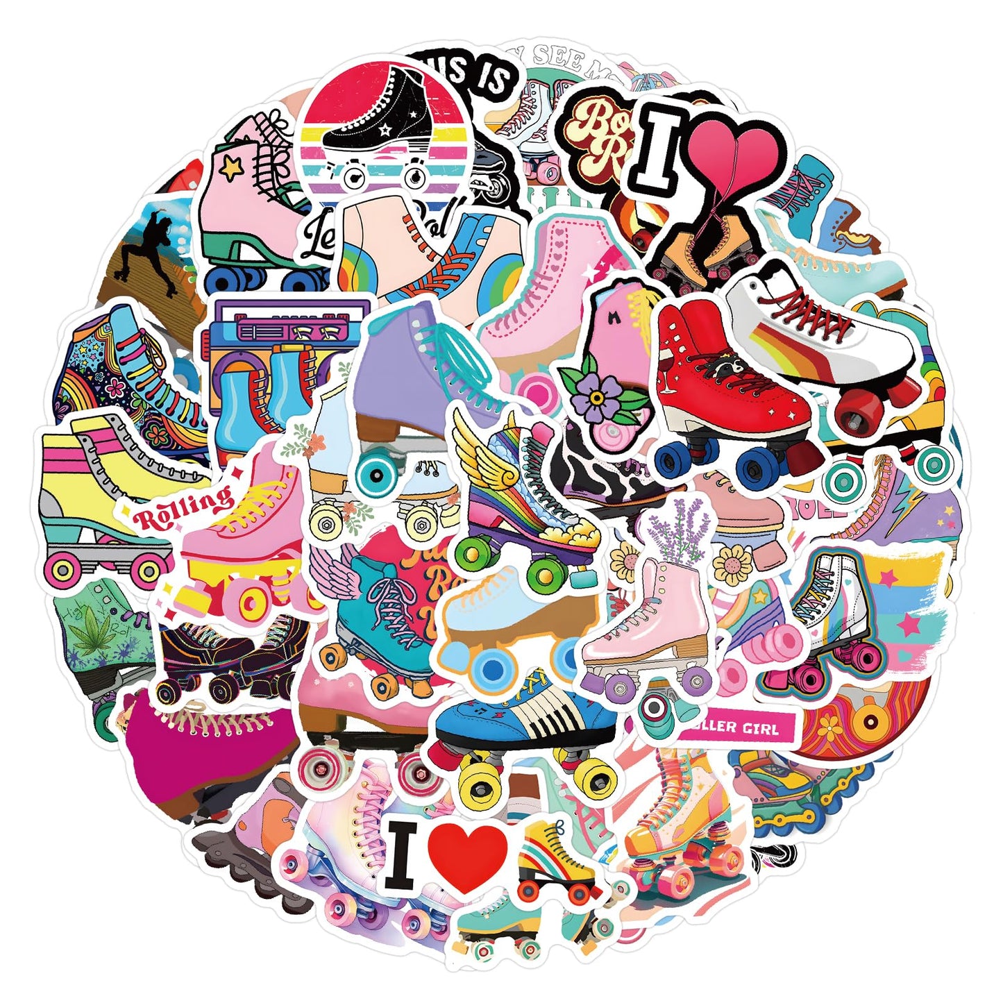 Roller Skating Stickers for Kids 55Pcs Love Rollerblade Waterproof Vinyl Decals for Cup Water Bottles Laptop Luggage Computer Mobile Phone Guitar Skateboard Luggage Phone Case Bicycle Decoration