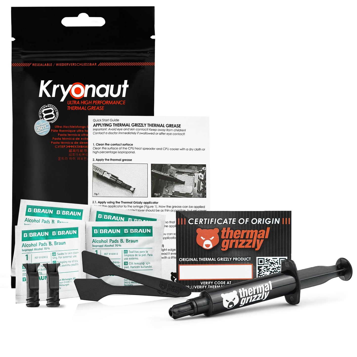 Thermal Grizzly Kryonaut - 5.55 Gram/1.5 ml Set - 2 x Applicator & 2 x Spatula & 4 x CPU Cleaning Pads Extremly High Performance Thermal Paste - for Demanding Applications and Overclocking